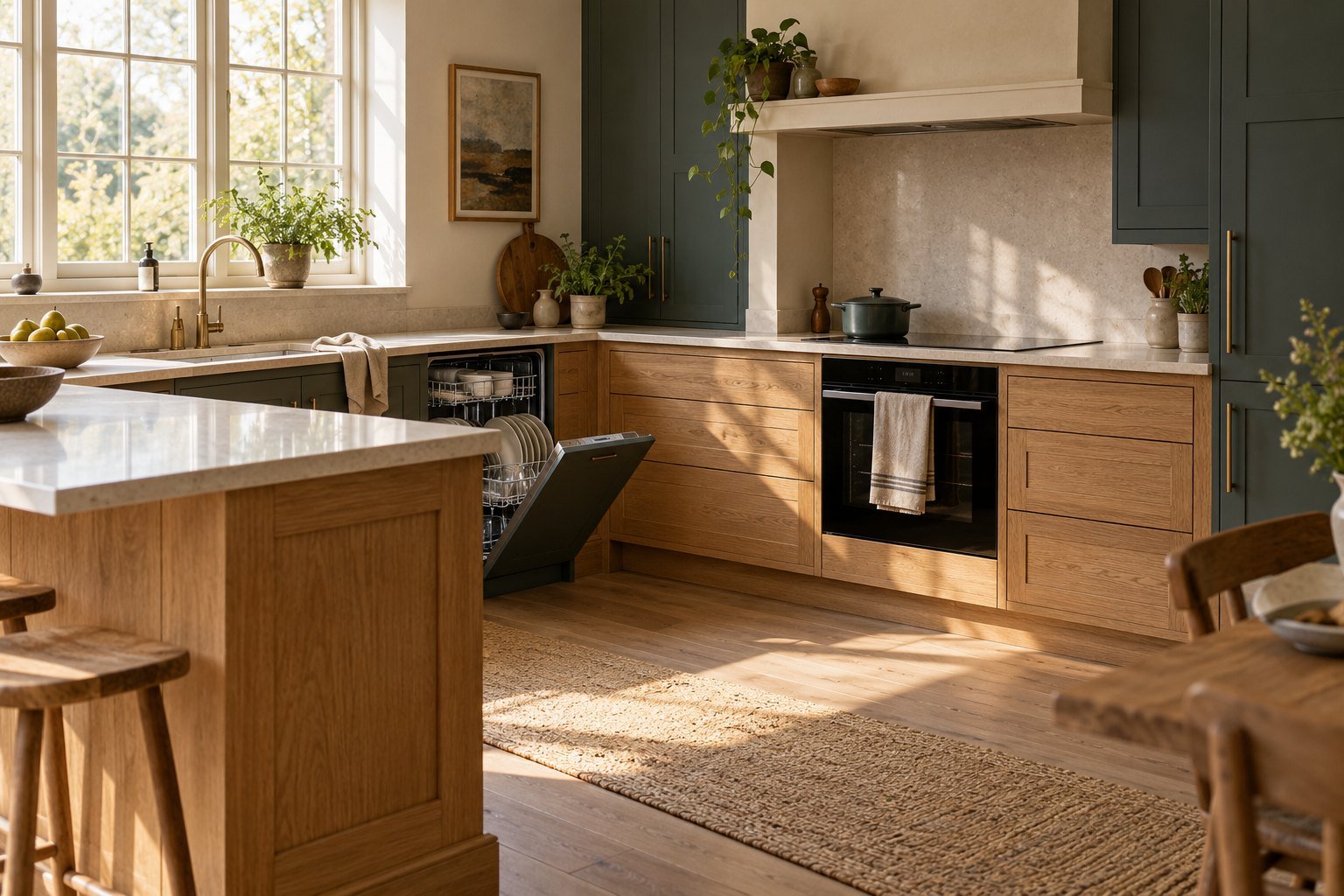 An illustrative warm oak and teal kitchen with a built-in oven and dishwasher