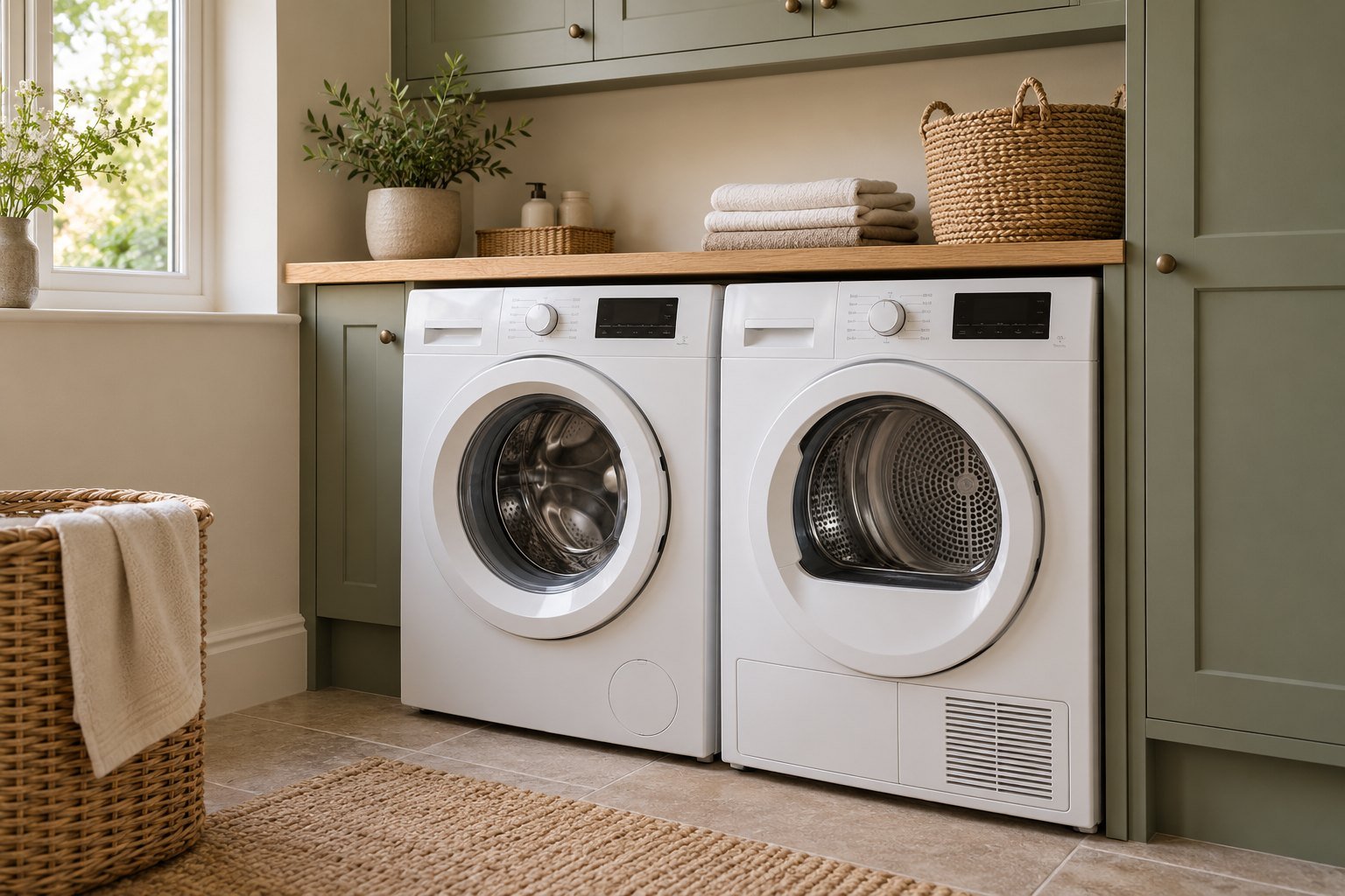 Illustrative utility room with a well-kept washing machine and tumble dryer